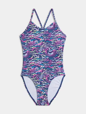 TS KB Girls Kinetic Wave AOP Thinstrap Purple Swimsuit