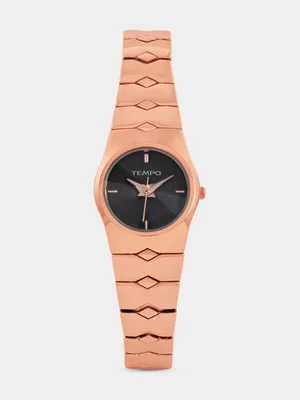 Tempo Rose Plated Black Dial Faceted Bracelet Watch 