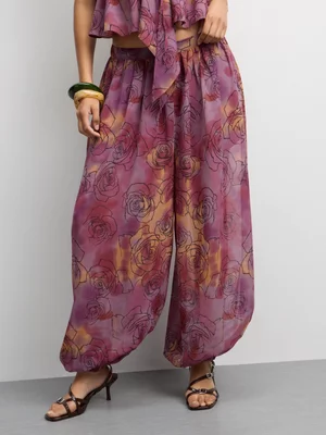 The FIX Women's Rose Print Berry Co-ord Mesh Balloon Pant 