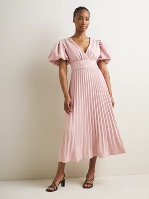 Women's Iconography Pleated Puff Sleeve Midi Dress