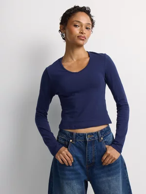 Cotton Lycra V-Neck Fitted Long Sleeve Top