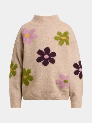 Exact Older Girl's Natural Daisy Print Knitwear Jersey 