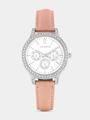 Tempo Silver Plated Silver Tone Dial Blush Pink Leather