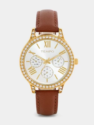 Tempo Gold Plated Silver Toned Dial Brown Leather Watch 