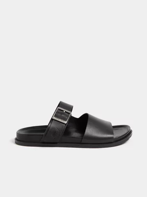 Fabiani Men's Black Leather Single Buckle Slide Sandal