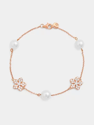 Rose Plated Sterling Silver Shell Pearl & Cubic Zirconia Flower Bracelet