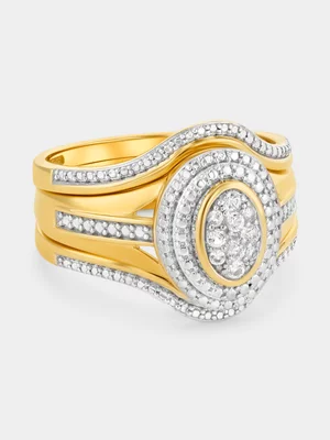 Yellow Gold White Sapphire Oval Double Halo Triple Set Ring 