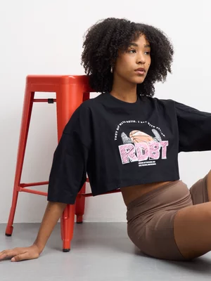 Rebat Athletics Women's Crop Boxy Graphic Black T-Shirt