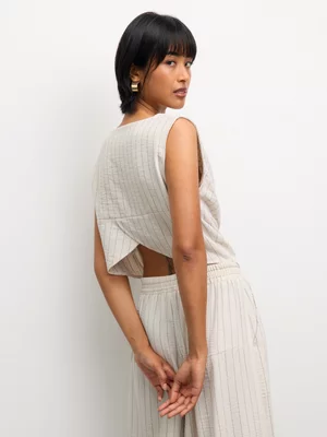 The FIX Women's Mocha Stripe Co-ord Linen Cowl Top with Hardware 