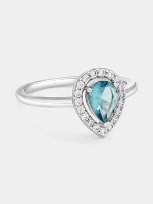Sterling Silver Aquamarine Cubic Zirconia Pear Halo Ring 