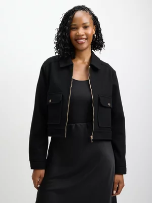 Jet Women's Black Zip Pocket Melton Jacket