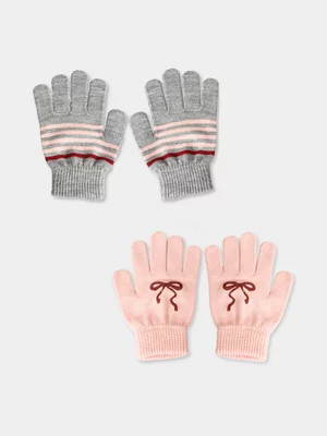 Girl's Pink & Grey 2-Pack Gloves