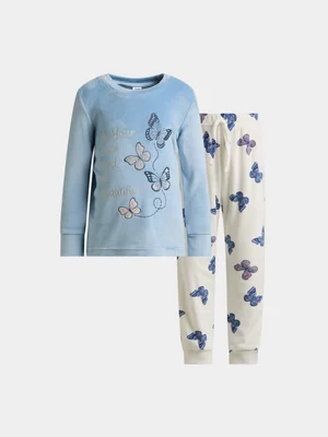 Jet Younger Girls Blue Cream Butterfly Velour Pyjama Set