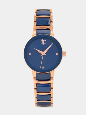 Tempo Legacy Rose Plated Blue Dial Blue Ceramic Bracelet Watch