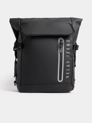 Relay Jeans Men's Rubberised Tech Black Foldover Backpack