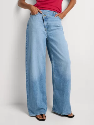 FF Denim Asymmetrical Button Wide Leg Jeans
