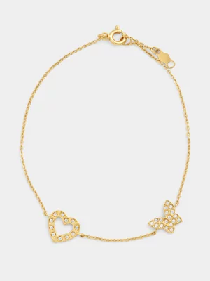 Yellow Gold Cubic Zirconia Butterfly Open Heart Bracelet
