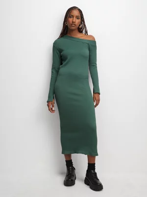 The FIX Women's Green Seamless Asymetric Midaxi Dress 