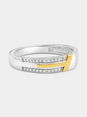 Yellow Gold & Sterling Silver Diamond Sideways T-Bar Ring 