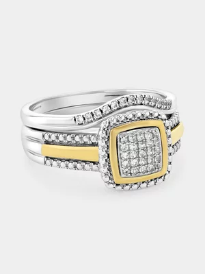 Yellow Gold & Sterling Silver Diamond & Created Sapphire Cushion Halo Twinset Ring