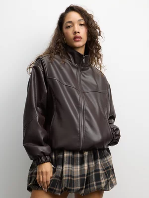 The FIX Women's Brown Pu Vintage Bomber Jacket 
