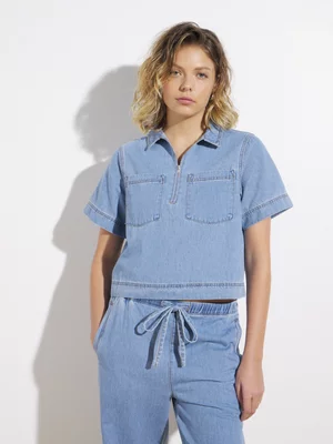 Women's Canvas Denim Zip Collared Shirt
