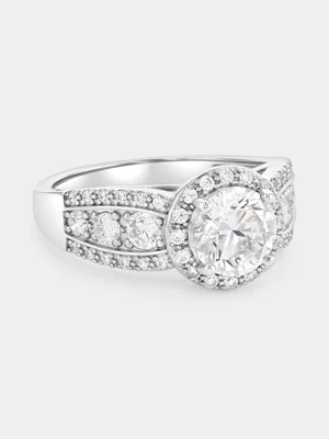 Sterling Silver Cubic Zirconia Round Halo Ribbon Ring 