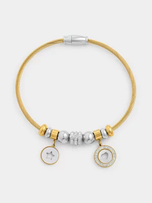 Tempo Jewellery Gold Plated Stainless Steel Cubic Zirconia Cable Bead Heart Bangle  