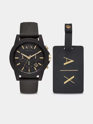 Armani Exchange Black Silicone Chronograph Watch & Luggage Tag Set