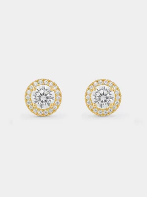 Yellow Gold Cubic Zirconia Round Halo Stud Earrings 