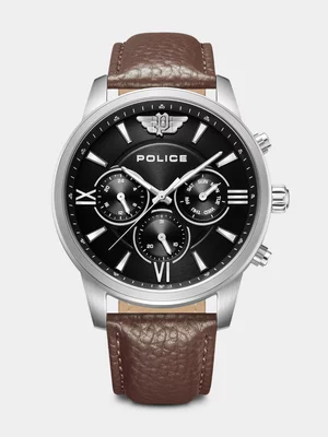 Police Avondale II Stainless Steel Black Dial Brown Leather Watch 