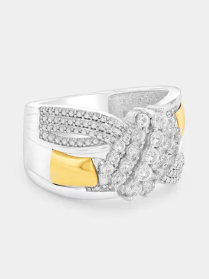 Yellow Gold & Sterling Silver White Sapphire Cluster Wrap Ring 