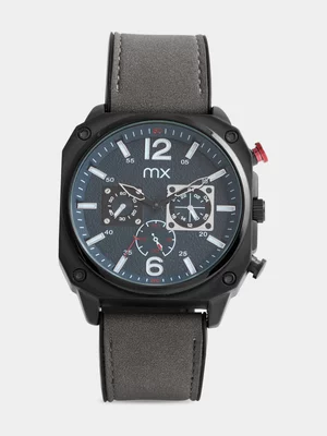 MX Black Plated Blue Dial Square Chrono Look Grey Watch