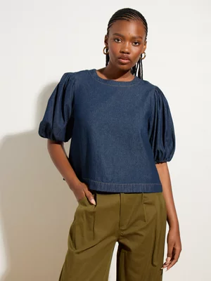 Women's Canvas Denim Puff Sleeve Top