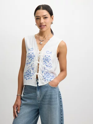 Jet Women’s White Blue Scalloped Boho Vest