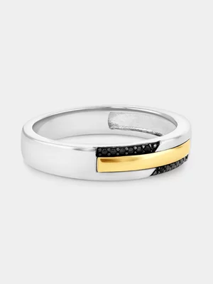 Yellow Gold & Sterling Silver Black Diamond Parallel Bar Ring