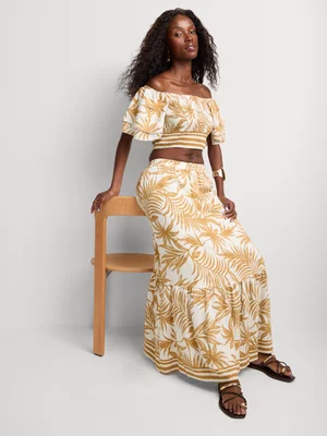 Women's Mandi Gold Boat Neck Crop Top with Maxi Skirt Set 