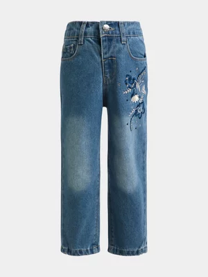Jet Younger Girls Blue Floral Embroidered Mom Denim Pants