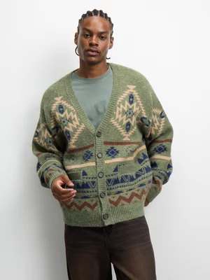 The FIX Men's Green Oversized Aztec Cardigan
