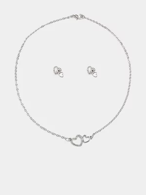Girl's Silver Heart Necklace & Earrings Set