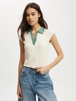 Women's Cotton On Beige Alice Deep V Polo Top