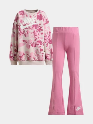 Nike Girls Kids Pink Floral Camo Crew Legging Set