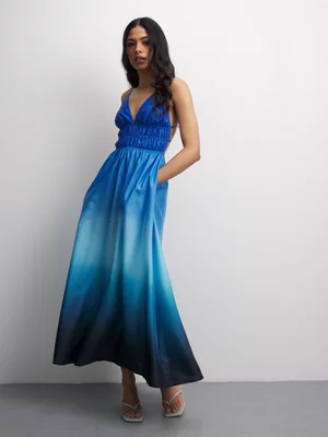 The FIX Women's Blue Ombre Print Crepe Strappy Dress