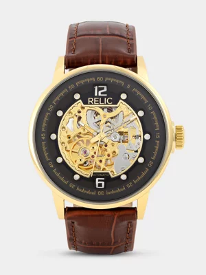 Relic By Fossil Damon Gold Plated Automatic Brown Leather Watch