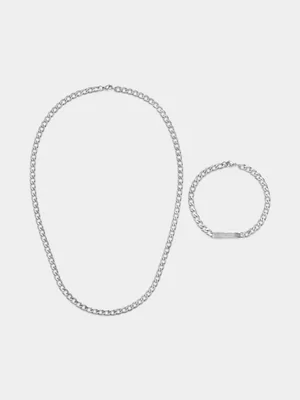 Tempo Jewellery Silver Plated Curb Chain & ID Bracelet Set 