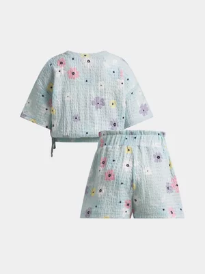 Exact Older Girl's Sage Floral Textured Top & Shorts Set