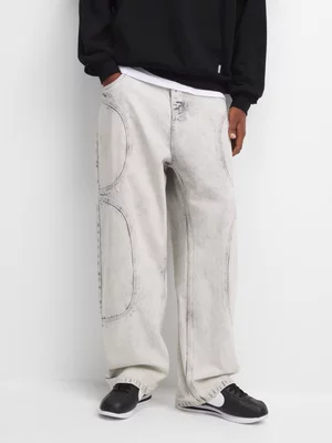 Redbat Men's Acid Grey Panelled Wide Leg Jeans