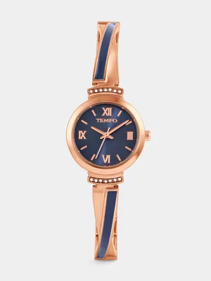 Tempo Rose Plated Blue Dial Blue Enamel Bangle Watch