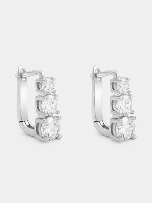 Sterling Silver Cubic Zirconia Trilogy Huggie Earrings 