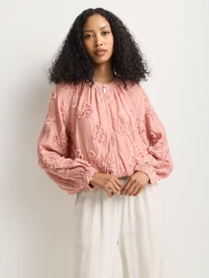 Sheer Floral Applique Collarless Bomber Jacket